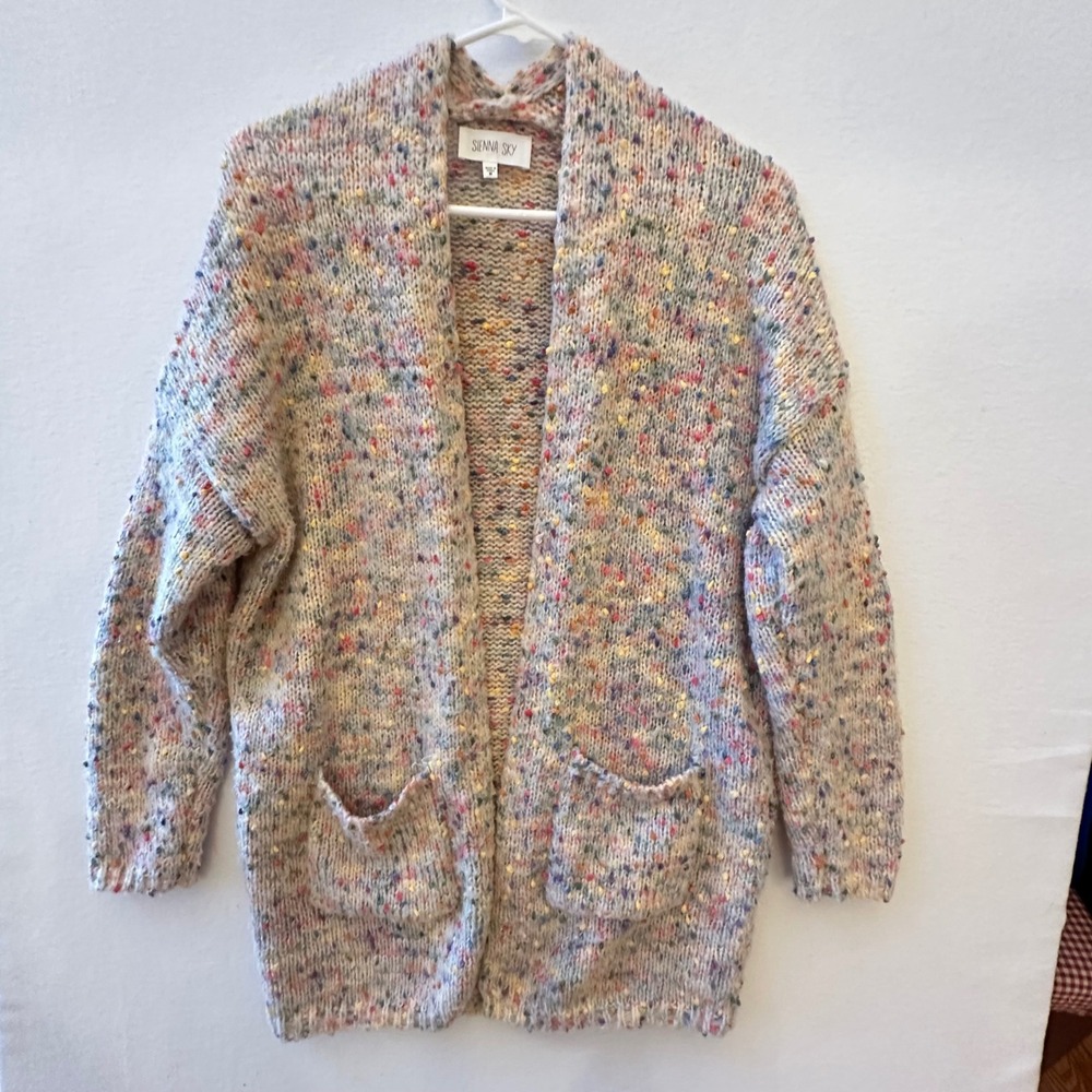 Sienna Sky Womens Confetti Popcorn Knit Open Front Cardigan Sweater Multi Color